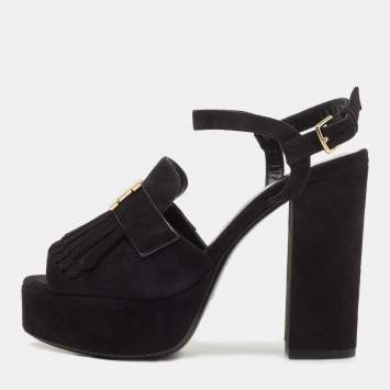 Pre Owned Hermes Black Suede Anjou Platform Sandals Size 37.5