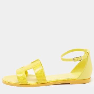 Pre Owned Hermes Yellow Lizard Santorini Ankle Strap Sandals Size 38