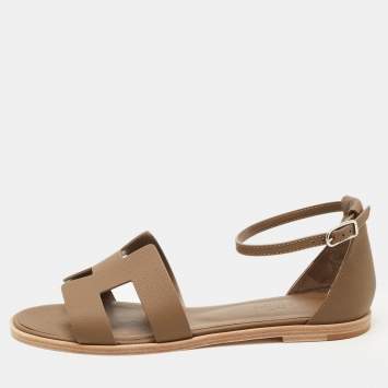 Pre Owned Hermes Brown Leather Santorini Ankle Strap Sandals Size 39