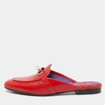 Pre Owned Hermes Red Leather Oz Flat Mules Size 41