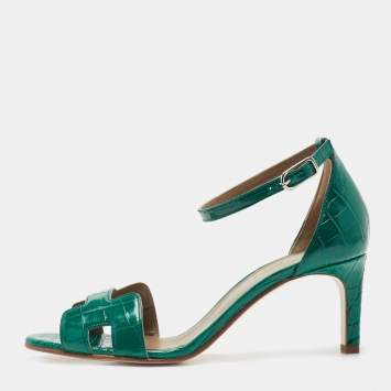 Pre Owned Hermes Green Croc Leather Premiere Ankle Strap Sandals Size 38