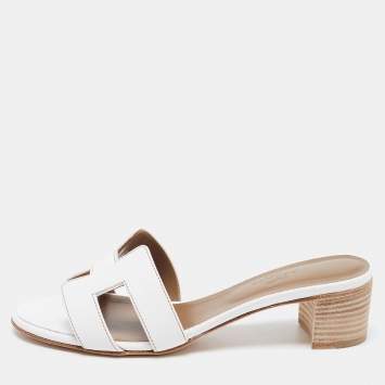 Pre Owned Hermes White Leather Oasis Slide Sandals Size 36.5