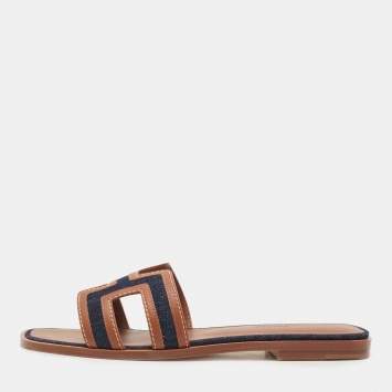 Pre Owned Hermes Brown/Blue Leather and Denim Oran Flat Slides Size 38