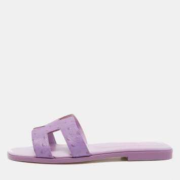 Pre Owned Hermes Lilac Ostrich Leather Oran Slide Flats Size 39