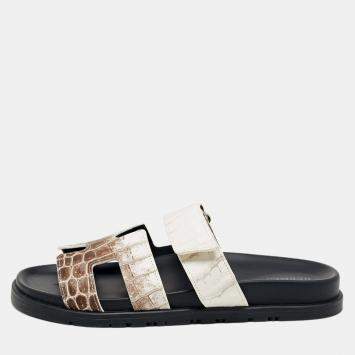 Pre Owned Hermes Himalaya Crocodile Chypre Slingback Flat Sandals Size 39