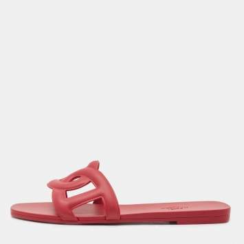 Pre Owned Hermes Red Rubber Omaha Flat Slides Size 38