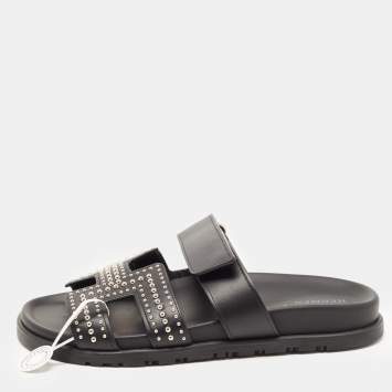 Pre Owned Hermès  Black Studded Leather Chypre Slides Size 37