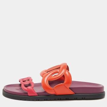 Pre Owned Hermes Orange/Pink Leather Extra Slide Flats Size 39