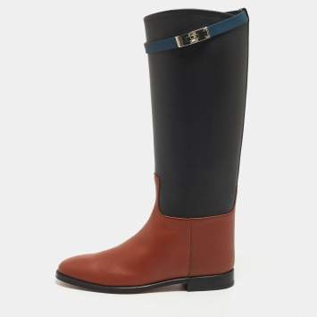 Pre Owned Hermes Brown/Black Leather H Jumping Knee Length Boots Size 39