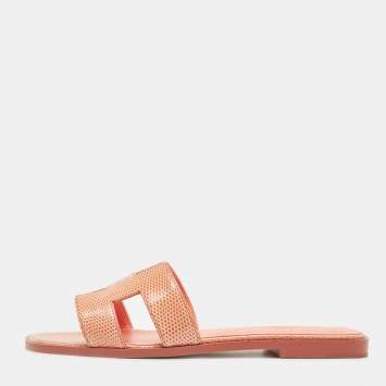 Pre Owned Hermes Orange Lizard Oran Slide Flats Size 38