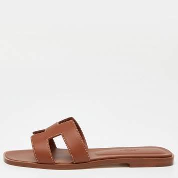 Pre Owned Hermès Brown Leather Oran  Flat Slides Size 38 