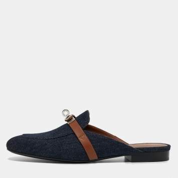 Pre Owned Hermes Navy Blue/Tan Denim and Leather Oz Flat Mules Size 37