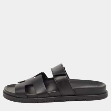 Pre Owned Hermes Black Leather Chypre Sandals Size 39.5