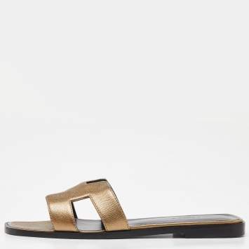 Pre Owned Hermès Gold Leather Oran Flat Slides Size 38