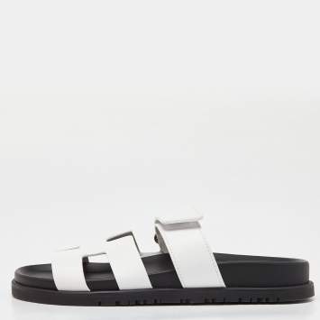 Pre Owned Hermes White/Black Leather Chypre Sandals Size 36