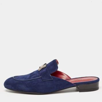 Pre Owned Hermes Navy Blue Suede Trocadero Mules Size 39.5