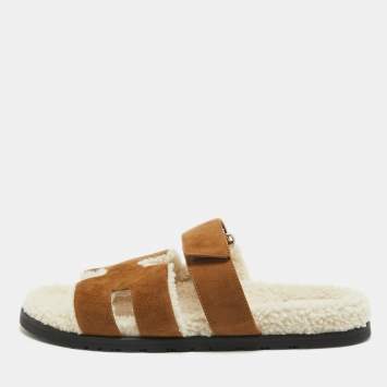 Pre Owned Hermes Brown Suede Shearling Fur Chypre Sandals Size 41