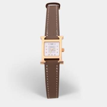 Pre Owned Hermes Mother of Pearl Diamond Yellow Gold Plated Stainless Steel Leather Heure H  HH1.102 Women’s Wristwatch 21mm