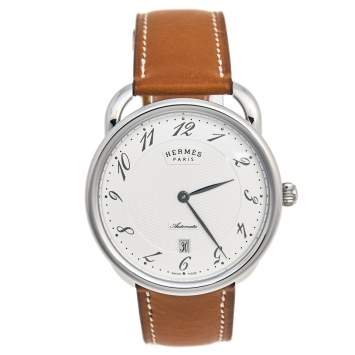 Pre Owned Hermes Silver Stainless Steel Leather Arceau AR8.61AQ Men's Wristwatch 40 mm 