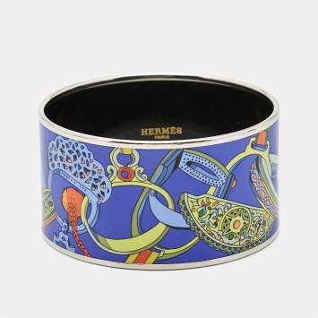 Pre Owned Hermes Concours d'Etriers Printed Enamel Gold Plated Extra Wide Bracelet