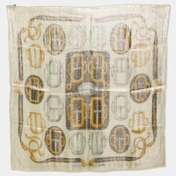 Pre Owned Hermes Beige/Gold Bouclerie d'Attelage Lurex Silk Glitter Scarf