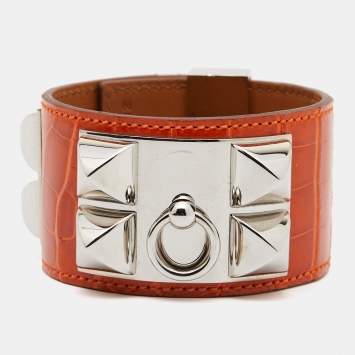 Pre Owned Hermes  Collier de Chien Alligator Leather Palladium Plated Bracelet 
