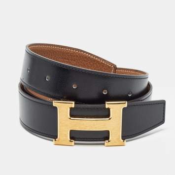Pre Owned Hermès Black/Gold Togo and Box Leather H Buckle Reversible Belt 85CM