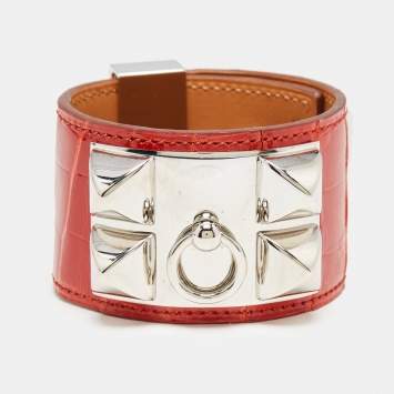 Pre Owned Hermès Collier De Chien Red Alligator Leather Palladium Plated Bracelet