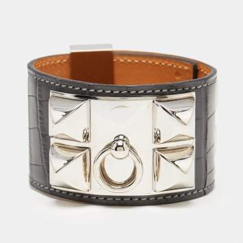 Pre Owned Hermès Collier De Chien Black Alligator Leather Palladium Plated Bracelet