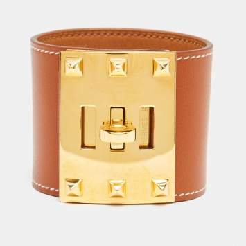 Pre Owned Hermès Kelly Dog Brown Leather Gold Plated Bracelet