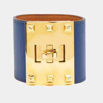 Pre Owned Hermès Kelly Dog Navy Blue Leather Gold Plated Bracelet
