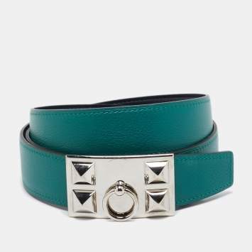 Pre Owned Hermes Malachite/Bleu Marine Evercolor and Box Leather Collier De Chien Reversible Belt 100 CM