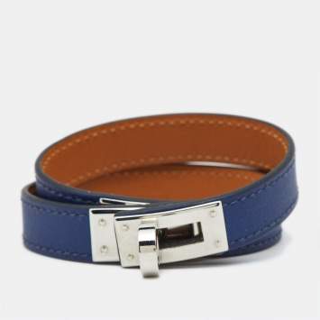 Pre Owned Hermes Kelly Leather Palladium Plated  Double Tour Bracelet