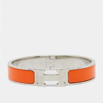 Pre Owned Hermes Clic H Orange Enamel Palladium Plated Bracelet
