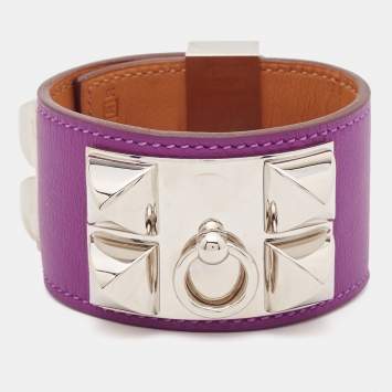 Pre Owned Hermes Collier De Chien Purple Leather Palladium Plated Bracelet