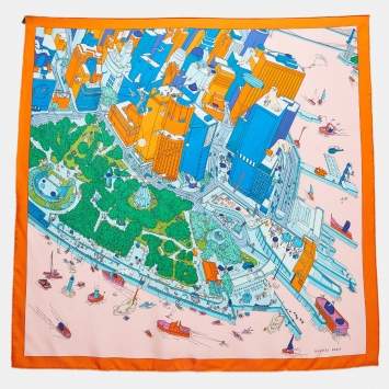 Pre Owned Hermès Orange/Green Printed Silk Battery Park Scarf