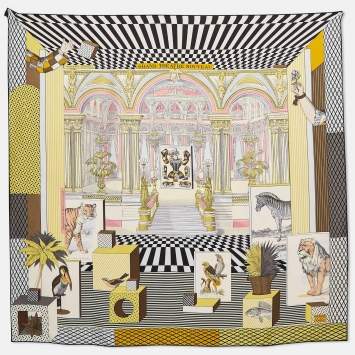 Pre Owned Hermès Yellow/Black Printed Silk Grand Theatre Nouveau Scarf