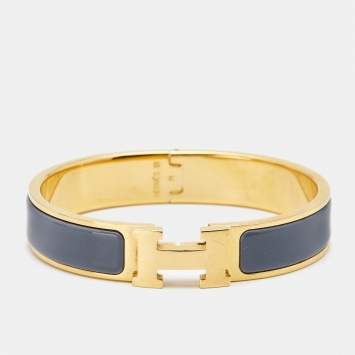 Pre Owned Hermès Clic H Grey Enamel Gold Plated Bracelet
