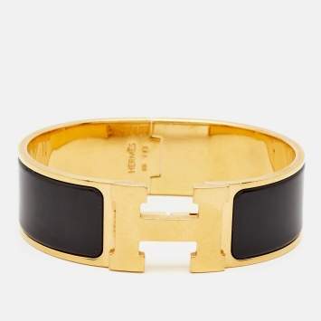 Pre Owned Hermes Clic Clac H Black Enamel Gold Plated Bracelet