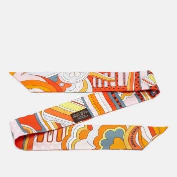 Pre Owned Hermes Orange Printed Silk Faubourg Rainbow Twilly