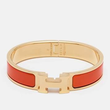 Pre Owned Hermès Clic H Orange Enamel Gold Plated Bracelet