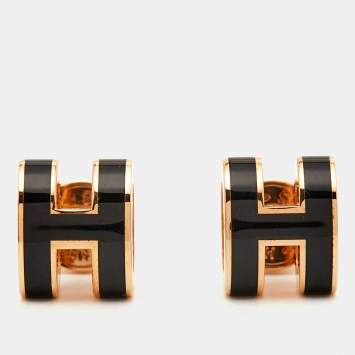 Pre Owned Hermes Mini Pop H Enamel Gold Plated Stud Earring