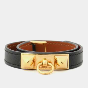 Pre Owned Hermès Black Leather Rivale Double Tour Bracelet XS
