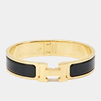 Pre Owned Hermès Clic H Black Enamel Gold Plated Bracelet