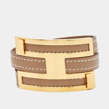Pre Owned Hermes Pousse Pousse Brown Leather Gold Plated Bracelet
