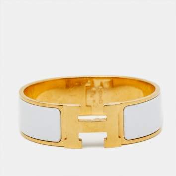 Pre Owned Hermès Clic Clac H White Enamel Gold Plated Wide Bracelet 