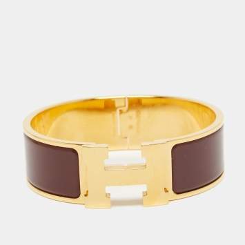 Pre Owned Hermes Clic Clac H Burgandy Gold Plated Bracelet