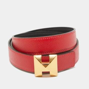 Pre Owned Hermes Noir/Rouge Casaque Swift and Epsom Leather Medor H Buckle Belt 90 CM