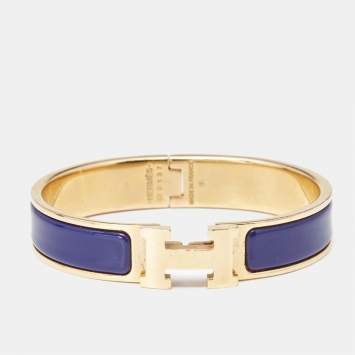 Pre Owned Hermès Clic H Navy Blue Enamel Gold Plated Bracelet