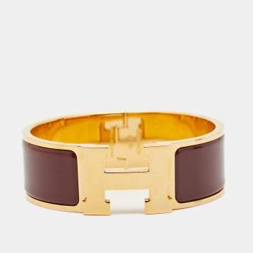 Pre Owned Hermès Clic Clac H Burgandy Enamel Gold Plated Bracelet
